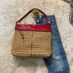 Brighton Raffia Straw Basketweave Patent Leather Shoulder Bag Purse